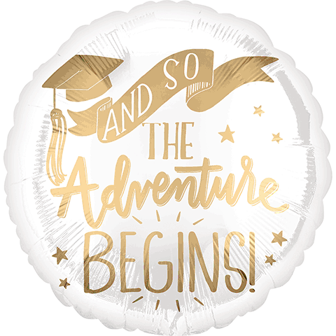 18" The Adventure Begins White & Gold| Graduation Balloon
