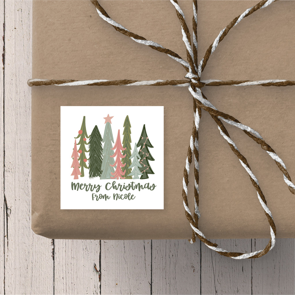 Merry Christmas Merry Trees - Personalized Christmas Gift Stickers 2.5" x 2.5"