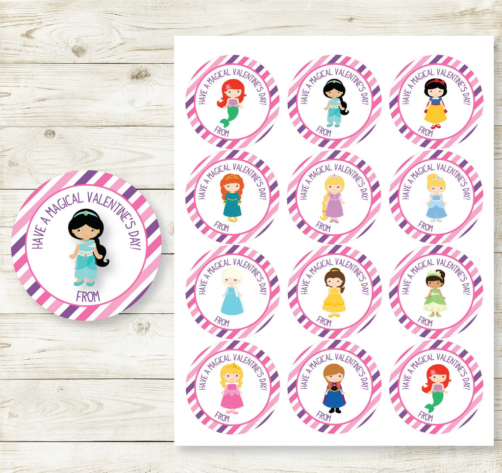 Princess Valentine's Day Circle Printable(set of 12) , Valentine's Day Cards, Princess Valentine's Favor,Printable,Instant Download, Digital