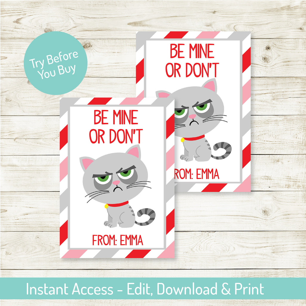 Grumpy Cat Valentine's Day Editable Card, Valentine's Card, Grumpy Cat Card, Instant Download, Printable, Valentine's Day Favor