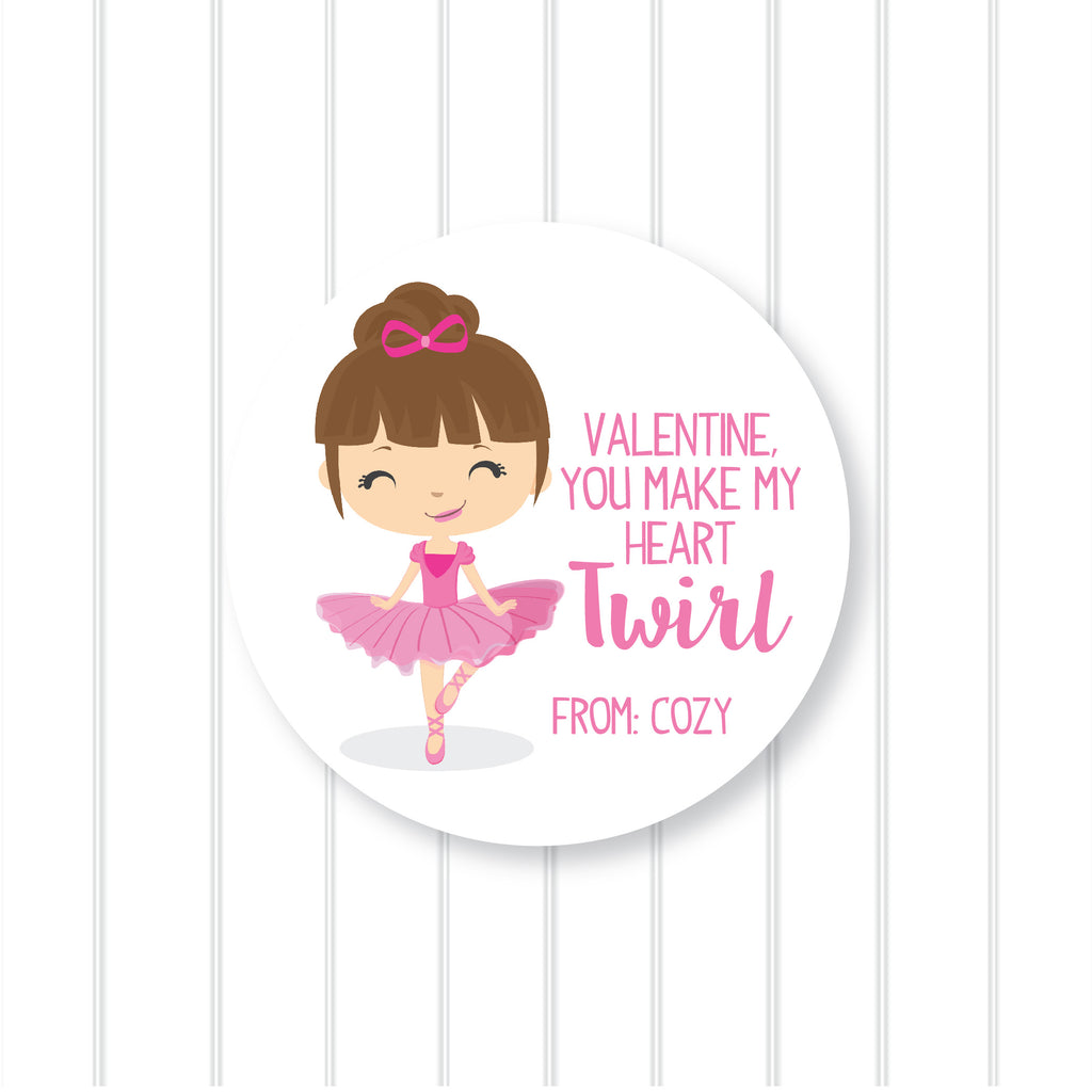 Ballerina Brunette Valentine's Day Favor Sticker Set 2.5"| Personalized