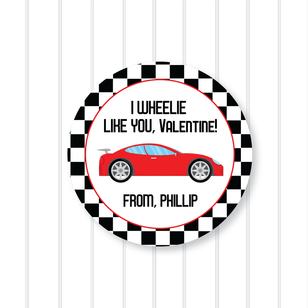 Race Car Valentine's Day Favor Sticker Set 2.5"| Personalized