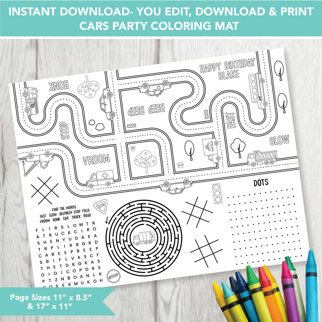 Editable Cars Party Placemat| Download