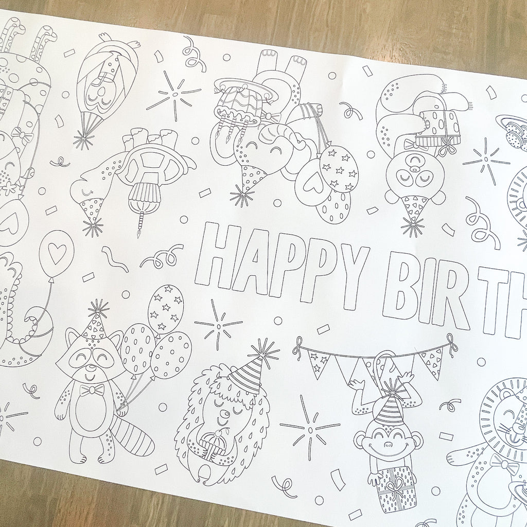 Happy Birthday Party Animals Coloring Table Runner