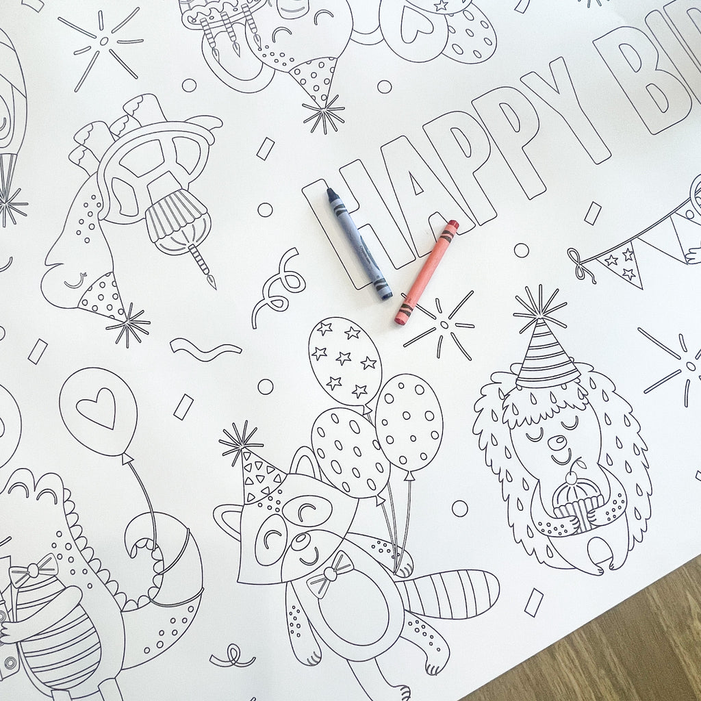 Happy Birthday Party Animals Coloring Table Runner