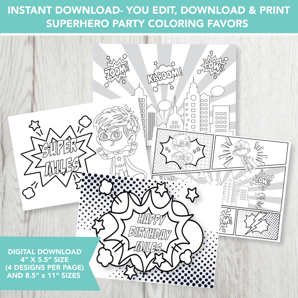 Editable Superhero Coloring Party Favors