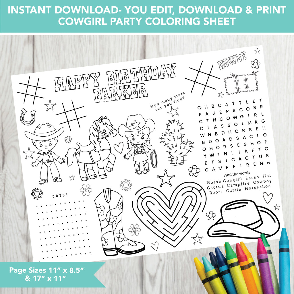 Editable Cowgirl Party Placemat| Download