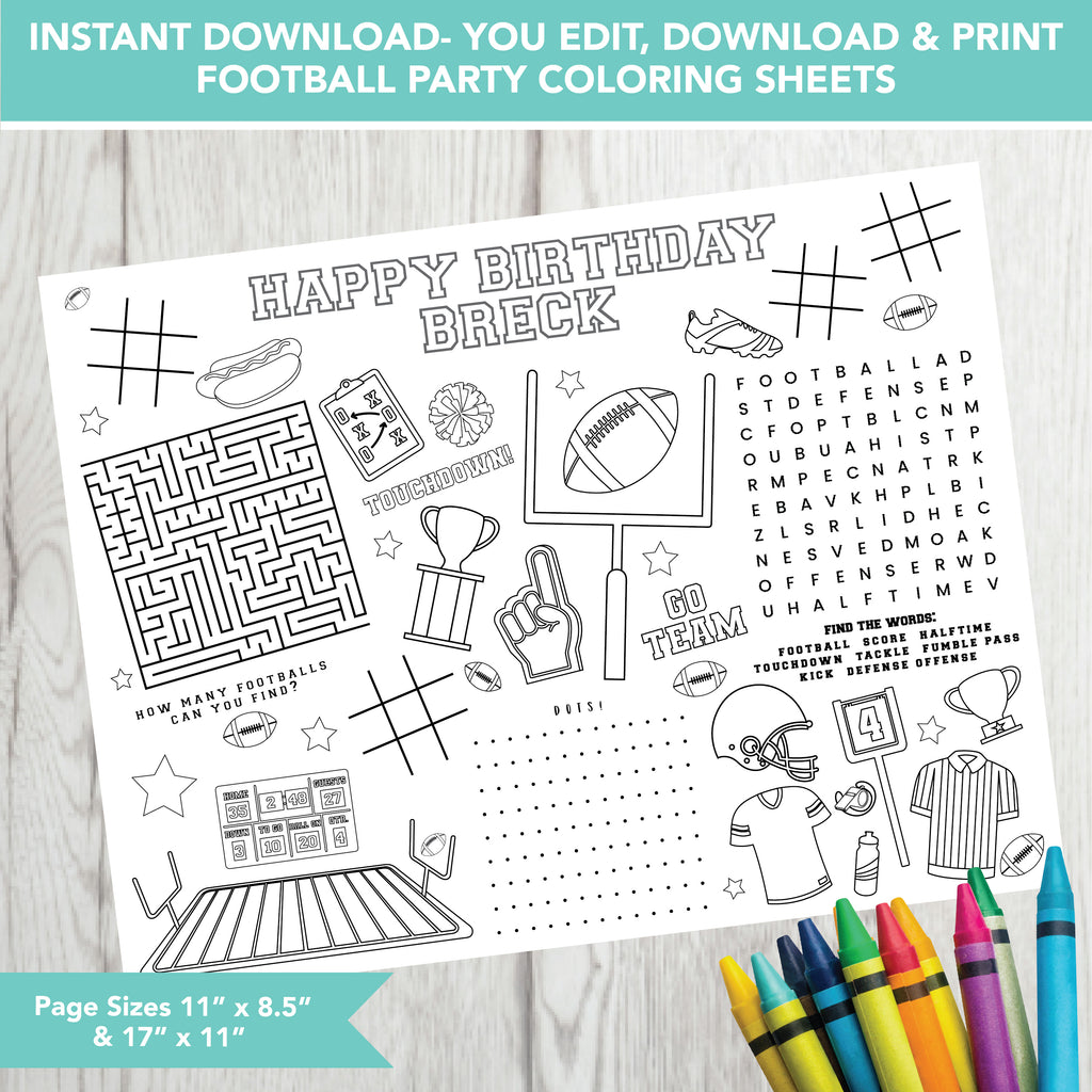 Editable Football Party Coloring Sheet| Instant Download