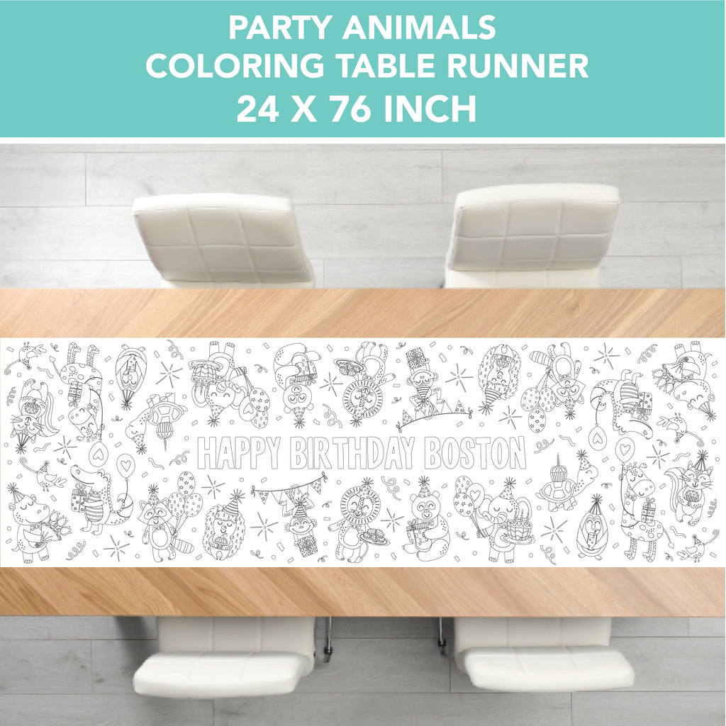 Happy Birthday Party Animals Coloring Table Runner