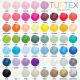Color swatch chart for Tuftex balloons with names of colors listed below each swatch.