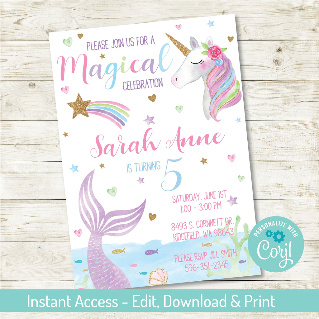 Magical Birthday Party Invitation| Unicorn and Mermaid Party