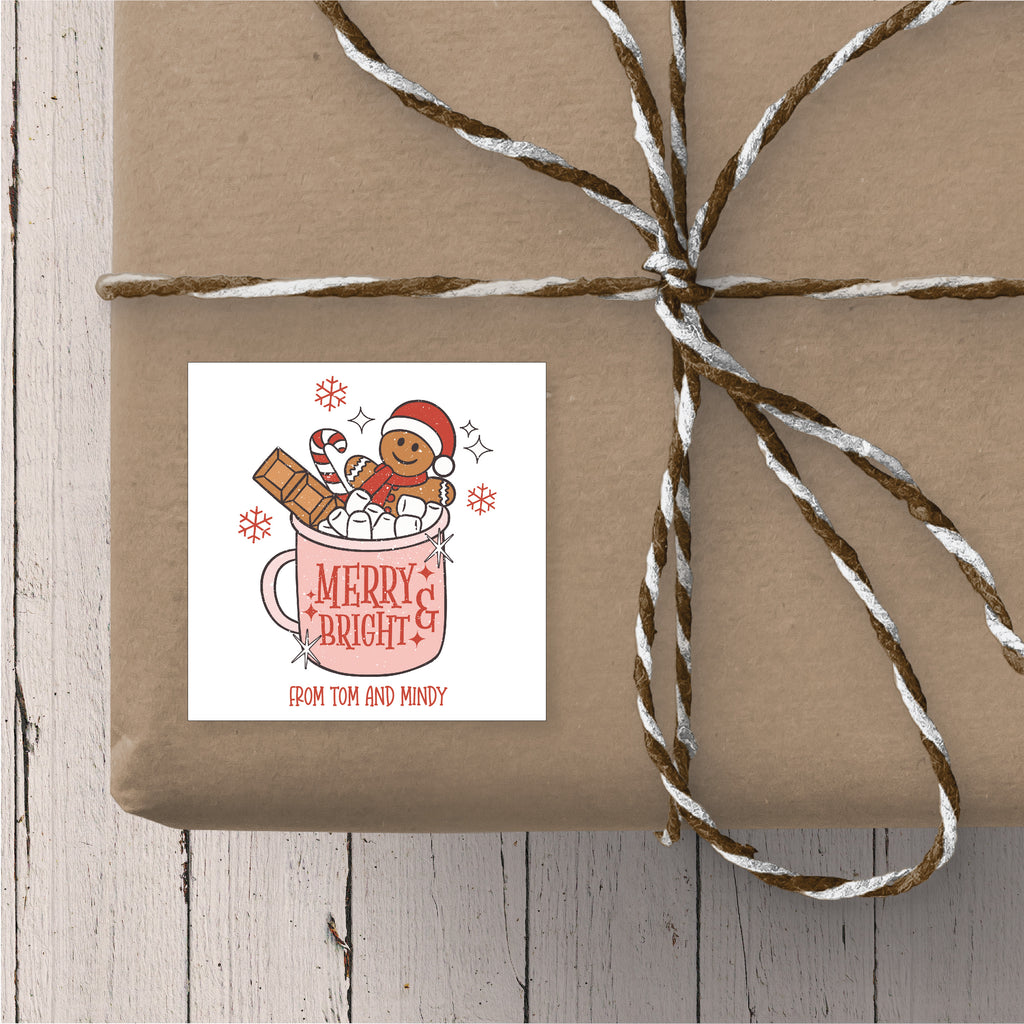 Merry and Bright Ginger Bread Hot Chocolate - Personalized Christmas Gift Stickers 2.5" x 2.5
