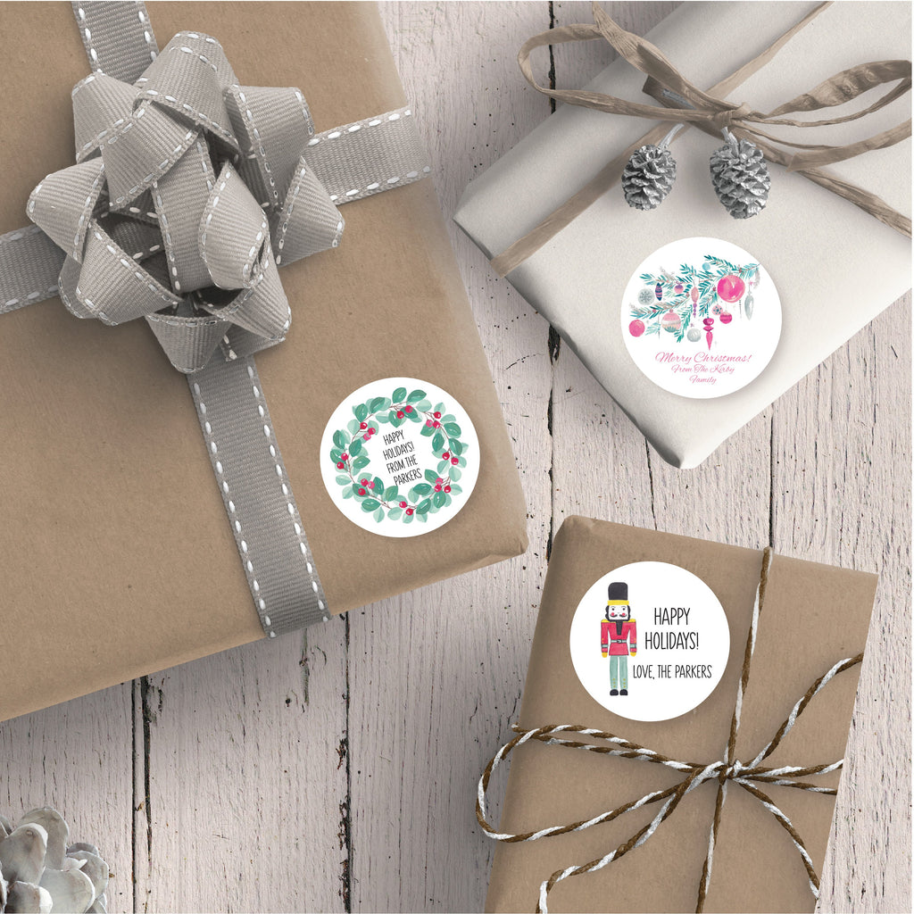 Christmas Pink Wreath Favor Sticker Set 2.5"| Personalized