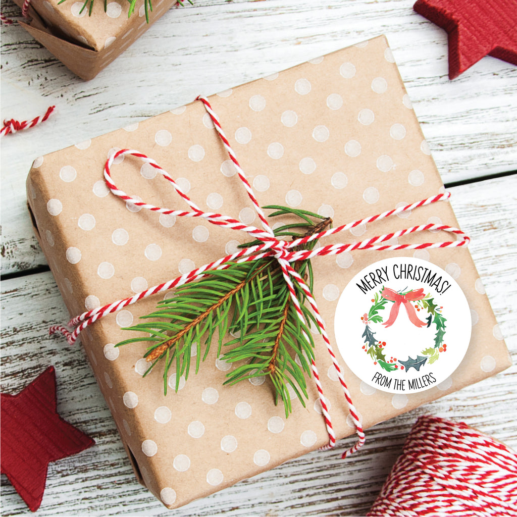 Christmas Wreath Favor Sticker Set 2.5"| Personalized