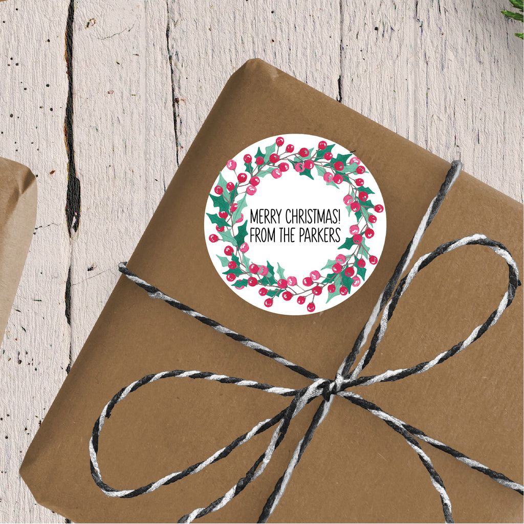 Christmas Berry Wreath Favor Sticker Set 2.5"| Personalized