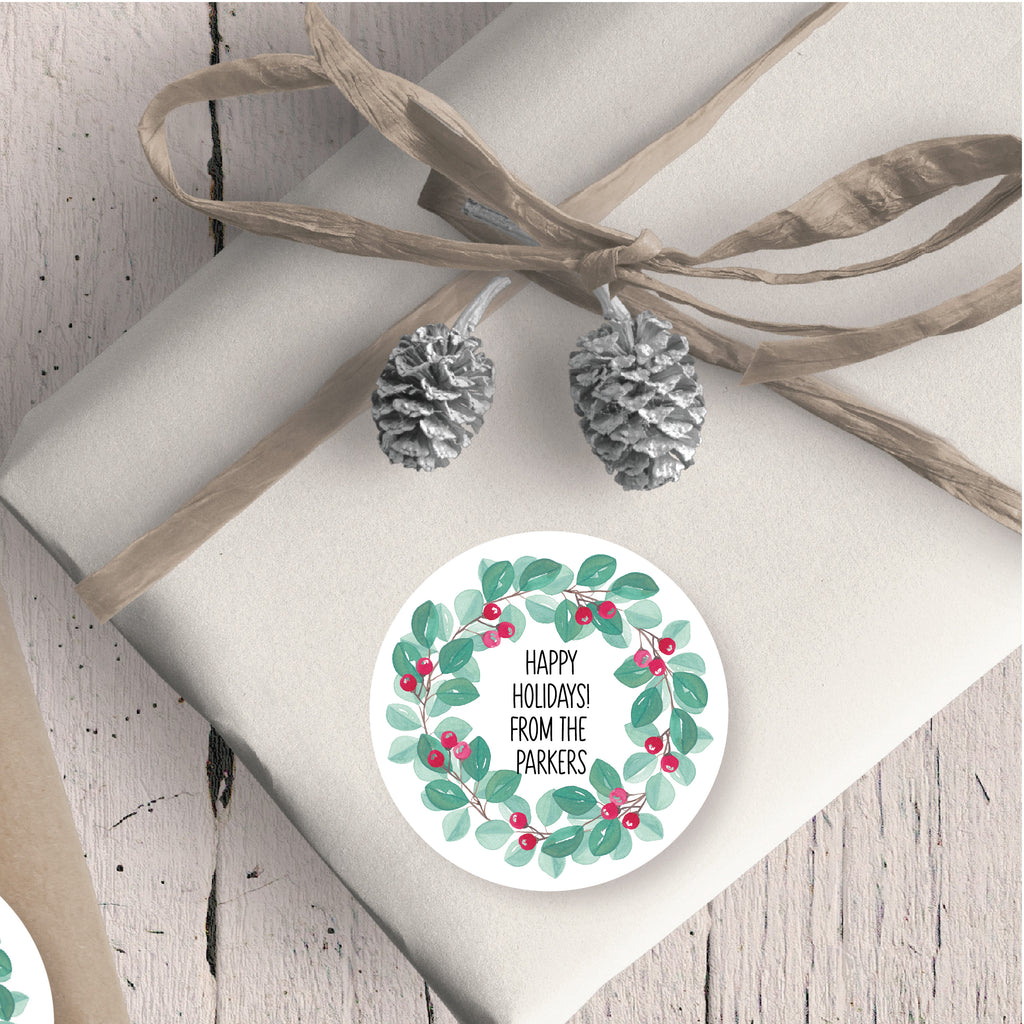 Christmas Eucalyptus Wreath Favor Sticker Set 2.5"| Personalized