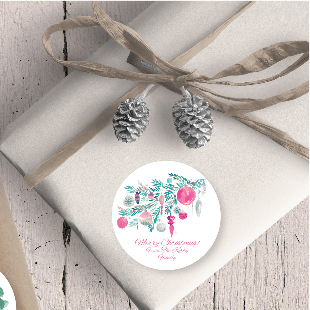 Christmas Pink Ornaments Favor Sticker Set 2.5"| Personalized