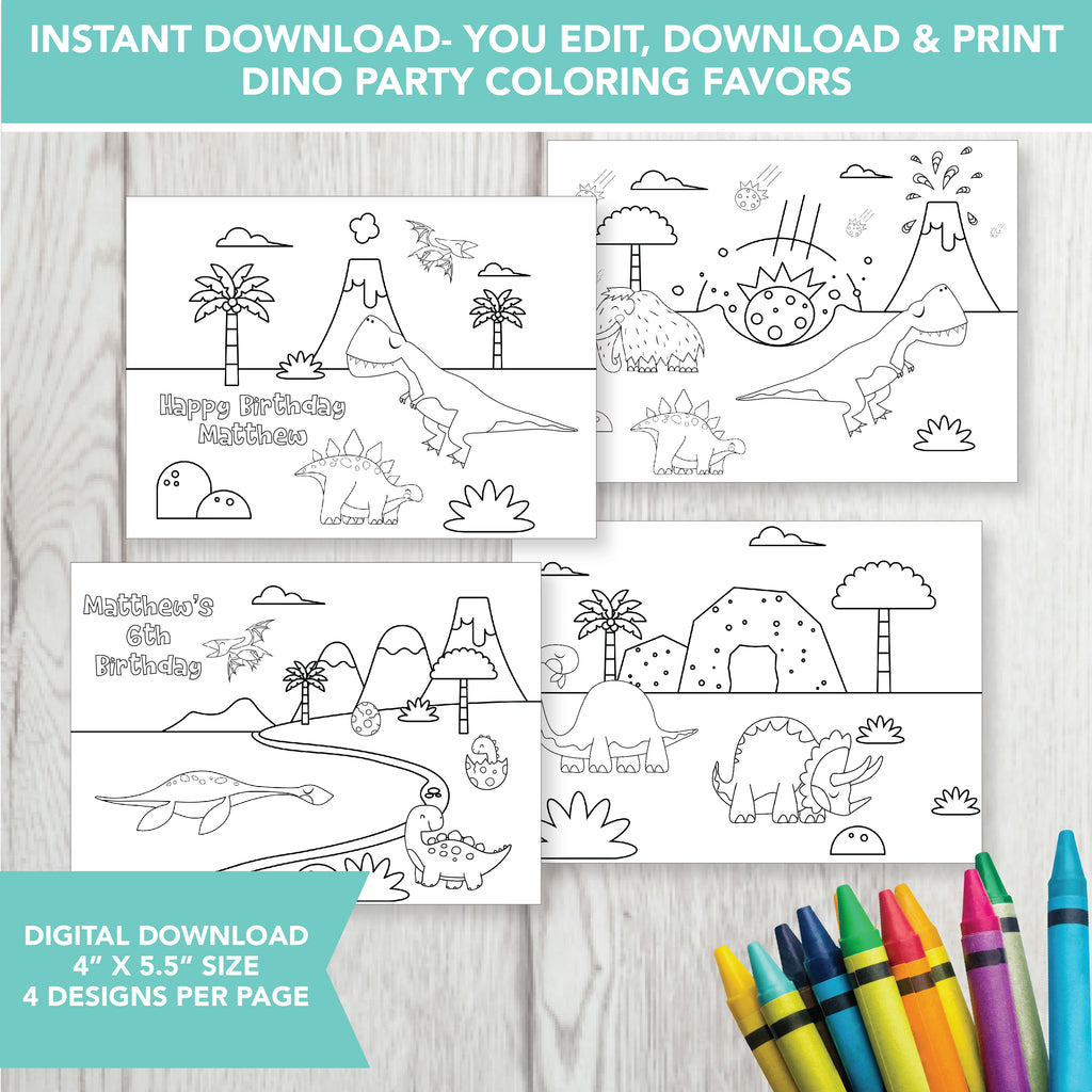 Editable Dinosaur Coloring Party Favors