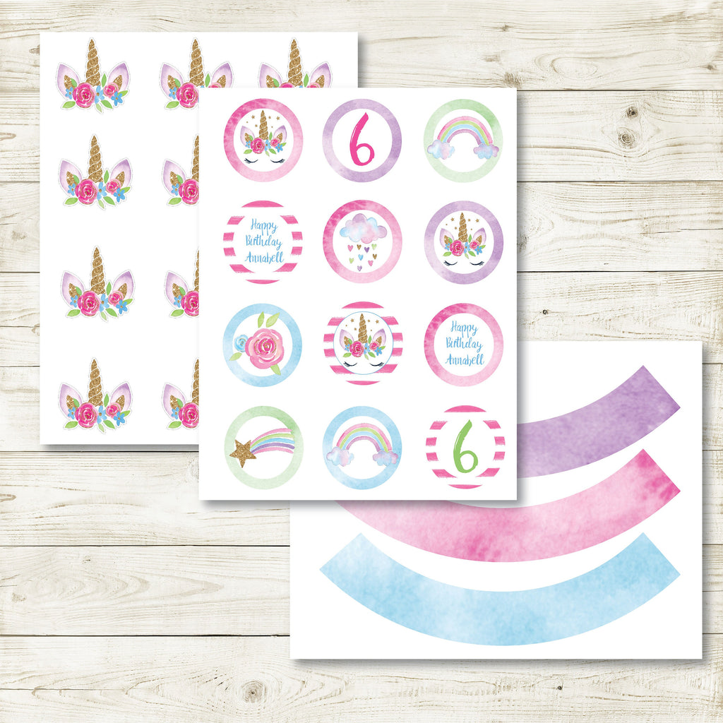 Unicorn Party 2" and 2.5" Cupcake Toppers, UnicornHappy Birthday Party, Unicorn Toppers, Instant Download,Printable, Digital
