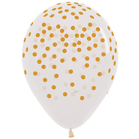 11 Gold Confetti On Clear Balloon, Clear Gold Balloon, Gold Dot