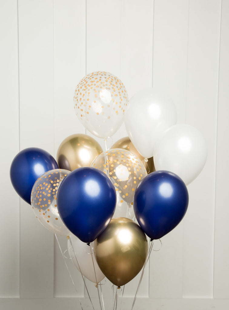 Navy and Gold  Balloon Bouquet, Mix of 12 Latex Balloons in Navy, Gold, Pearl White  and Confetti-Dot Printed Balloons, Party Bouquet