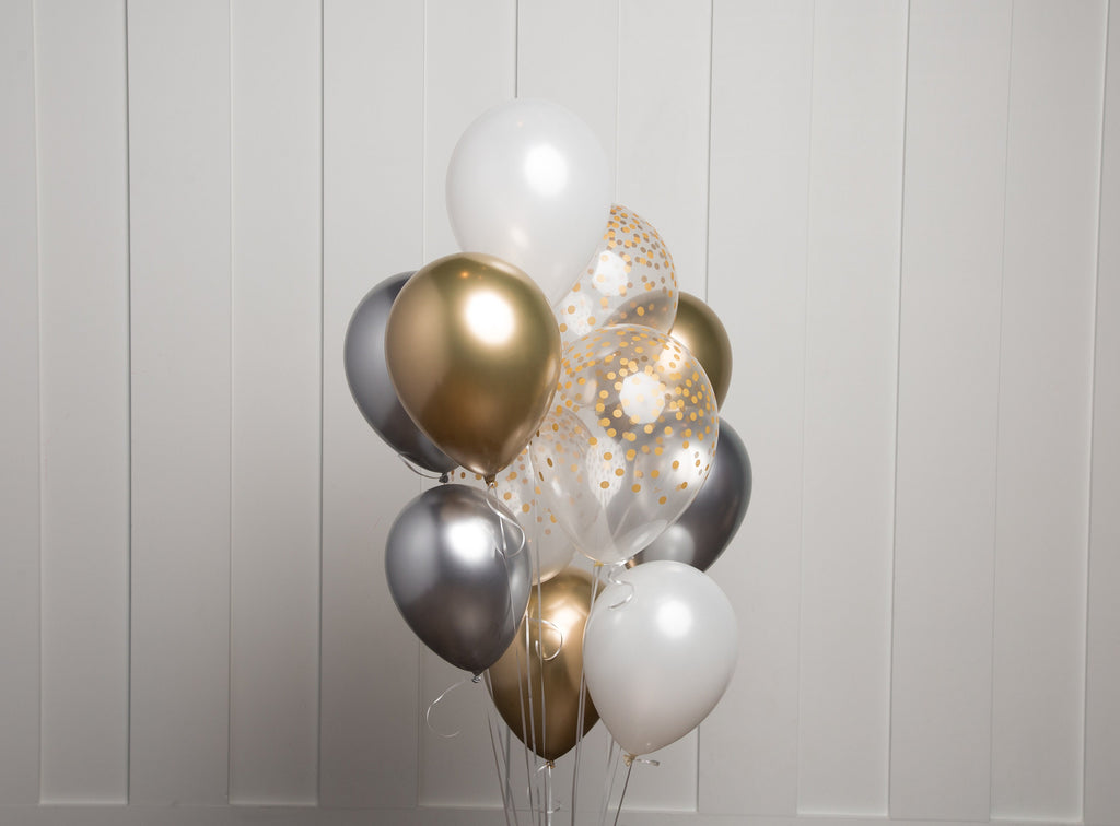 Silver and Gold Balloon Bouquet, Mix of 12 Latex Balloons in Chrome Silver, Chrome Gold, Pearl White  and Confetti-Dot Printed Balloons
