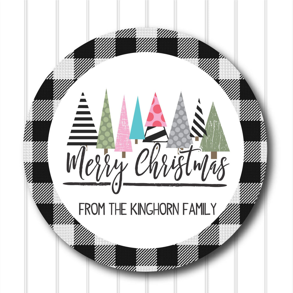Personalized Merry Christmas  Trees Favor Stickers, Christmas Stickers, Digital File, Christmas Favor Stickers. 2.5"