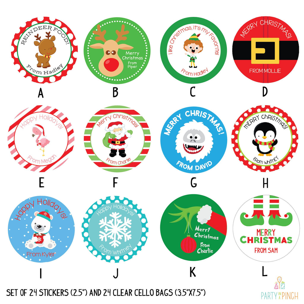Personalized Christmas Sticker & Treat Bags, Set of 24, Christmas Stickers, Christmas Favor Stickers, Favor Bags