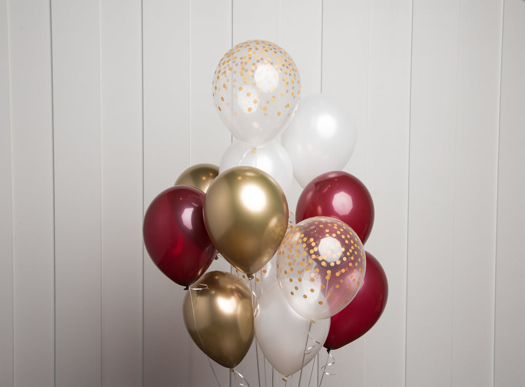 Burgundy and Gold Balloon Bouquet, Mix of 12 Latex Balloons in Burgundy Gold, Pearl White  and Confetti-Dot Printed Balloons, Party Bouquet