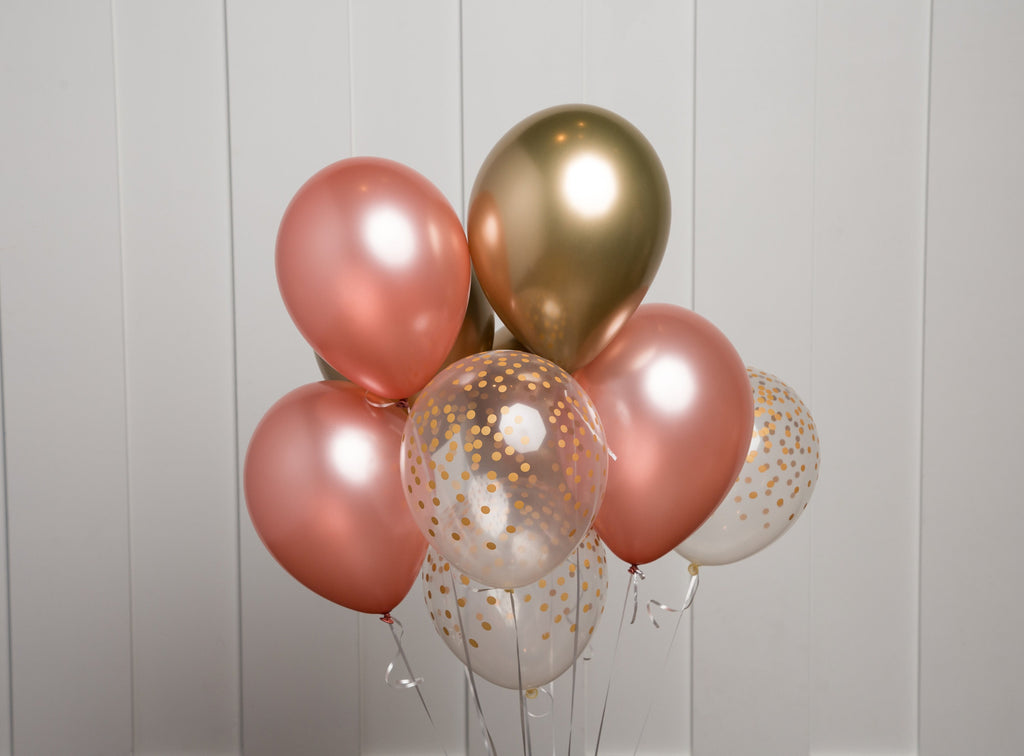 Rose Gold Balloon Bouquet, Mix of 12 Latex Balloons in Rose Gold, Chrome Gold,  and Confetti-Dot Printed Balloons, Party Bouquet