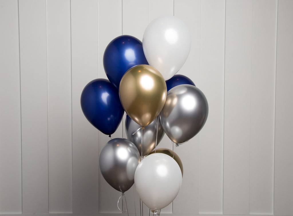 Gold, Silver and Navy Balloon Bouquet, Mix of 12 Latex Balloons in Chrome Gold, Chrome Silver, Navy and White, Party Bouquet