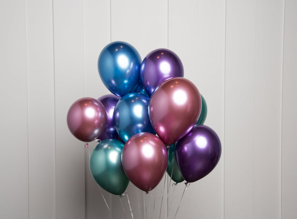 Mermaid 2 Balloon Bouquet, Mix of 12 Latex Balloons in Chrome Blue, Mauve, Purple, and Green Balloons, Balloon Bouquet, Mermaid Party