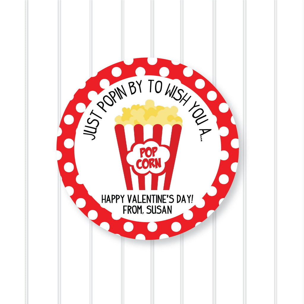 Popcorn Valentine Stickers, Personalized Valentine Stickers, Valentine Favor Stickers 2.5", Valentine Favor Stickers and Treat Bags
