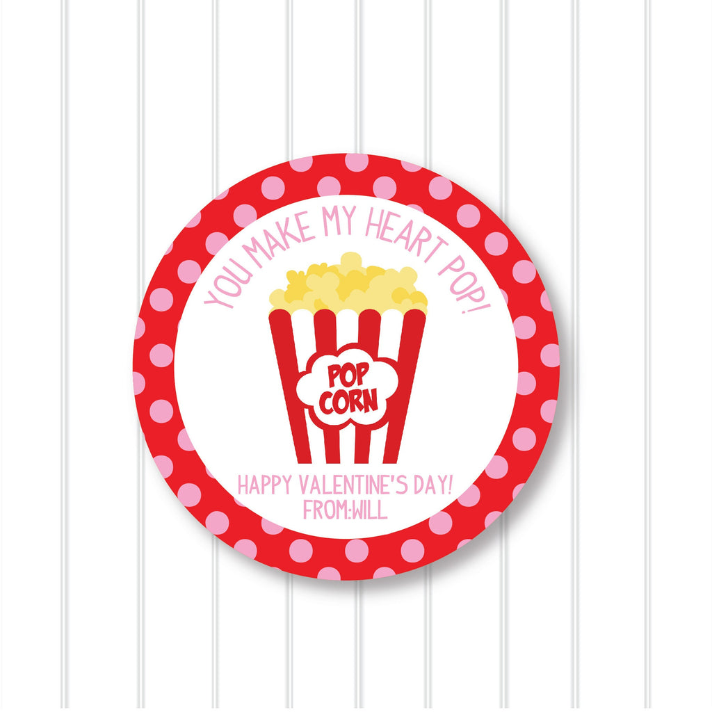 Popcorn "You make my heart Pop" Valentine Stickers, Personalized Valentine Sticker, Valentine Favor, Valentine Favor Stickers and Treat Bags