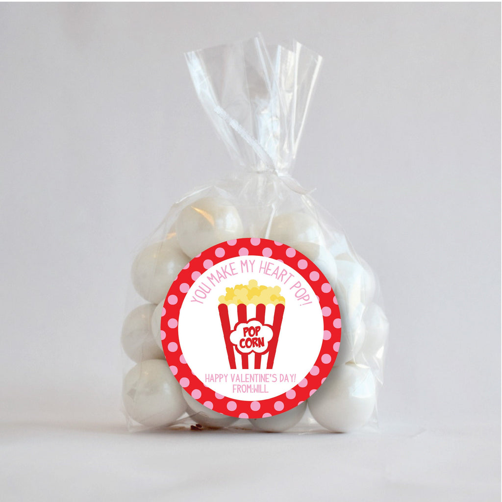 Popcorn "You make my heart Pop" Valentine Stickers, Personalized Valentine Sticker, Valentine Favor, Valentine Favor Stickers and Treat Bags