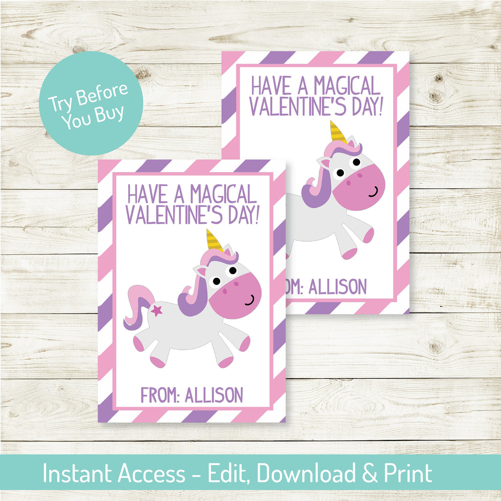 Unicorn Valentine's Day Editable Card, Valentine Party, Valentine's Card, Unicorn Card, Instant Download, Printable, Valentine's Day Favor