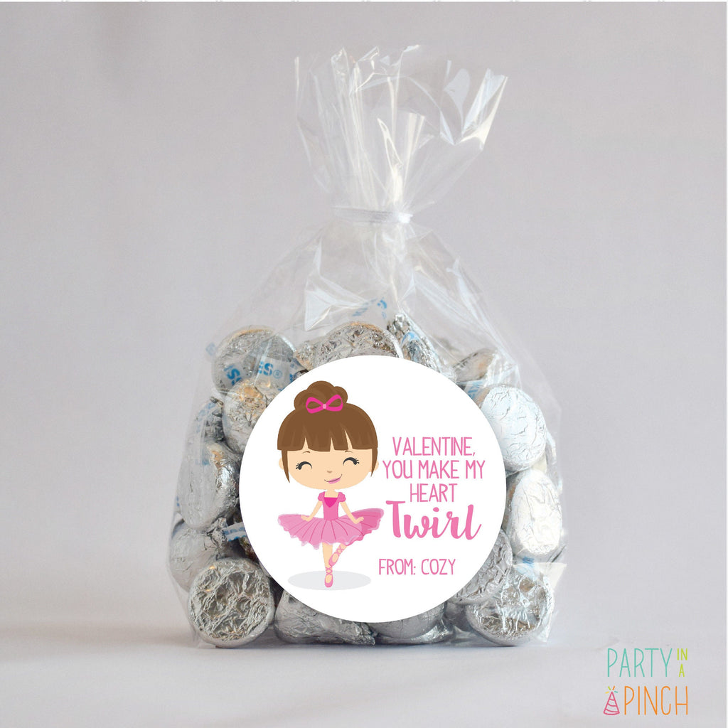 Personalized Valentine Ballerina Favor Stickers, Brunette, Valentine Favors, Valentine Stickers 2.5", Valentine Favor Stickers and Treat Bag