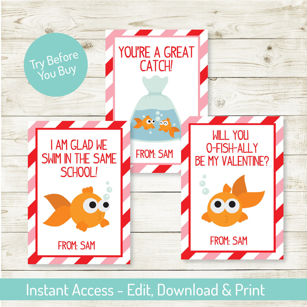 Goldfish Valentine's Day Editable Card, Valentine Party, Valentine's Card, Goldfish Card, Instant Download, Printable, Valentine's Day Favor