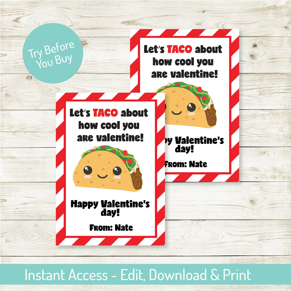 Editable Taco Valentine's Day Card, Valentine's Card, Valentine's Party, Taco Card, Instant Download, Printable, Valentine's Day Favor