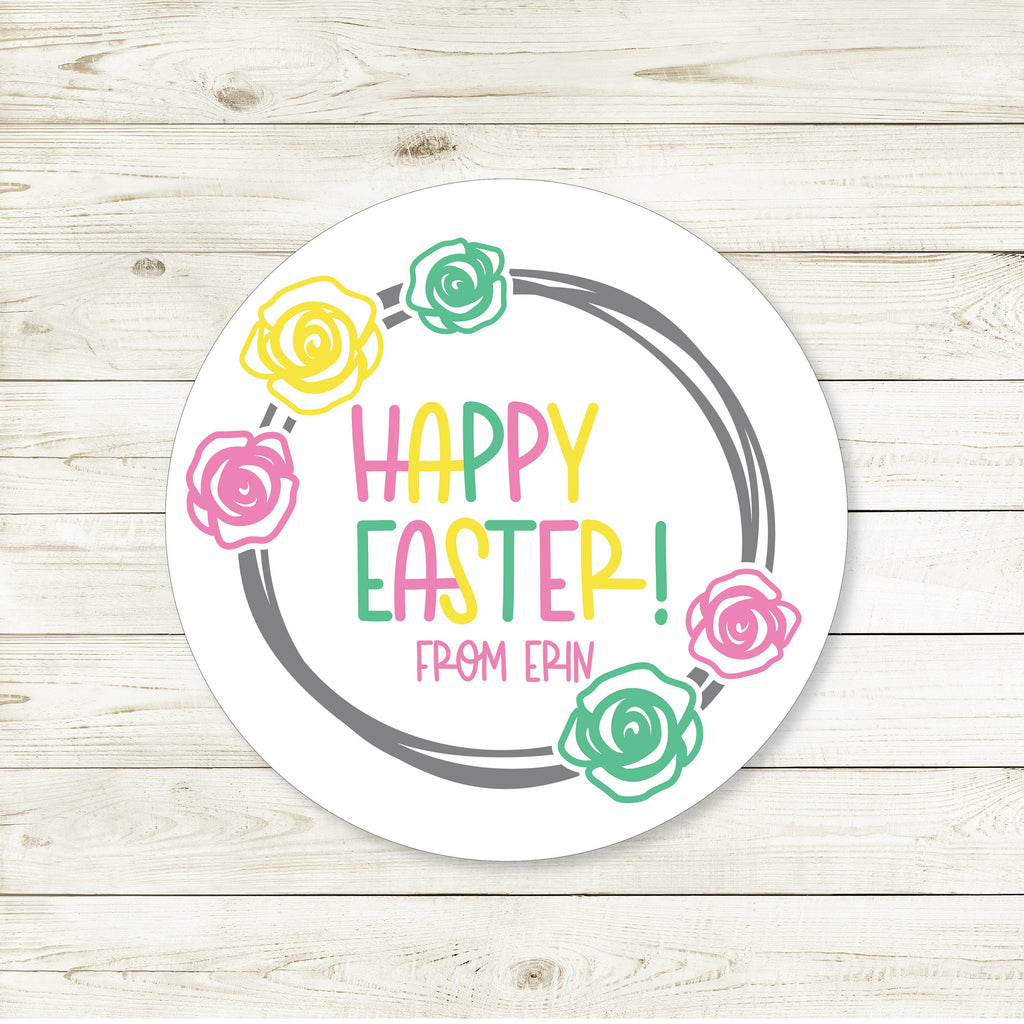Personalized Easter Flower Wreath Favor Stickers, Easter Stickers, Easter Favor Stickers 2.5", Easter Favor Stickers and Treat Bags