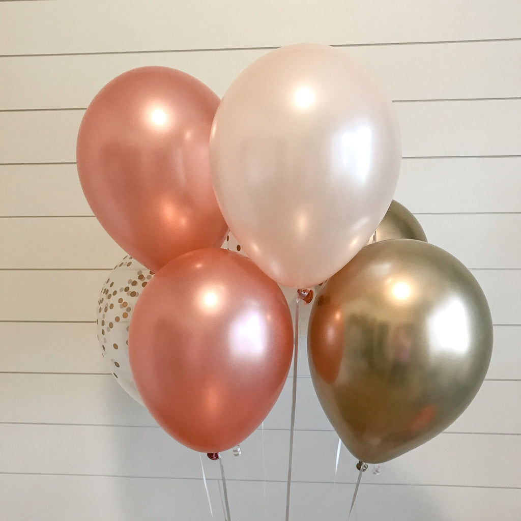 Pearl Peach and Rose Gold Balloon Bouquet, Balloon Bouquet, Mix of 12 Latex Balloons in Rose Gold, Gold Confetti,Pearl Peach and Gold Chrome