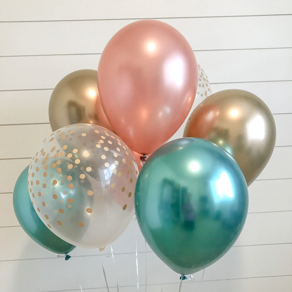 Rose Gold and Green CHROME Balloon Bouquet, Balloon Bouquet, Mix of 12 Latex Balloons in Rose Gold, Gold Confetti, Green and Gold Chrome