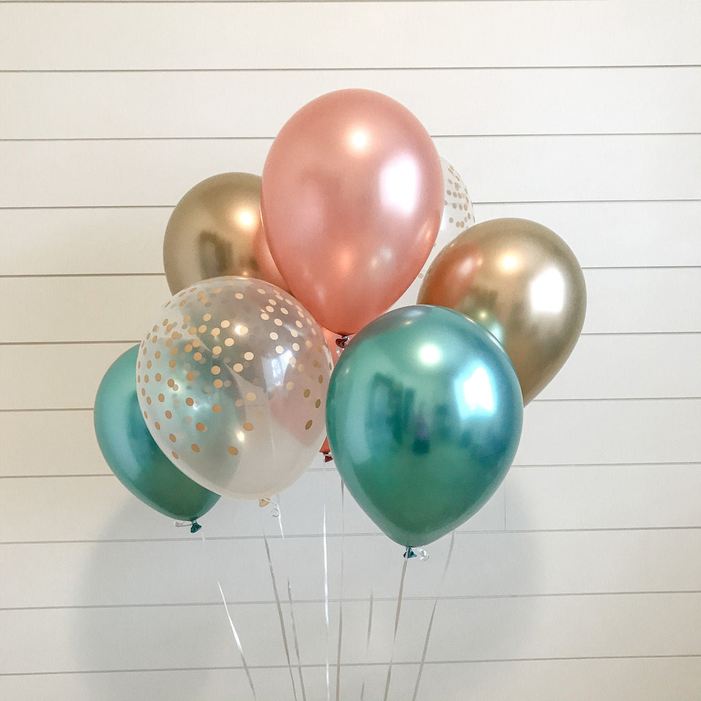 Rose Gold and Green CHROME Balloon Bouquet, Balloon Bouquet, Mix of 12 Latex Balloons in Rose Gold, Gold Confetti, Green and Gold Chrome