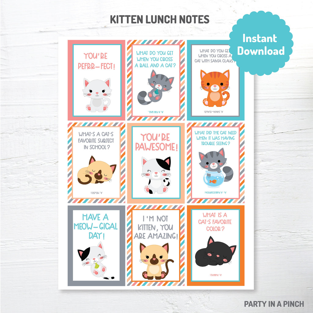 Lunchbox Notes, Lunchbox Jokes,Kitten Lunchbox Notes, Cat Lunch Cards, School Lunch Notes, Printable, Instant Download, Kitten Card, Cat