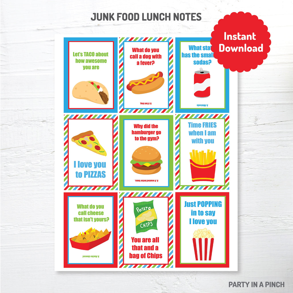 Lunchbox Notes, Lunchbox Jokes, Junk Food Lunchbox Notes, Junk Food Lunch Cards, School Lunch Notes, Printable, Instant Download, Junk Food