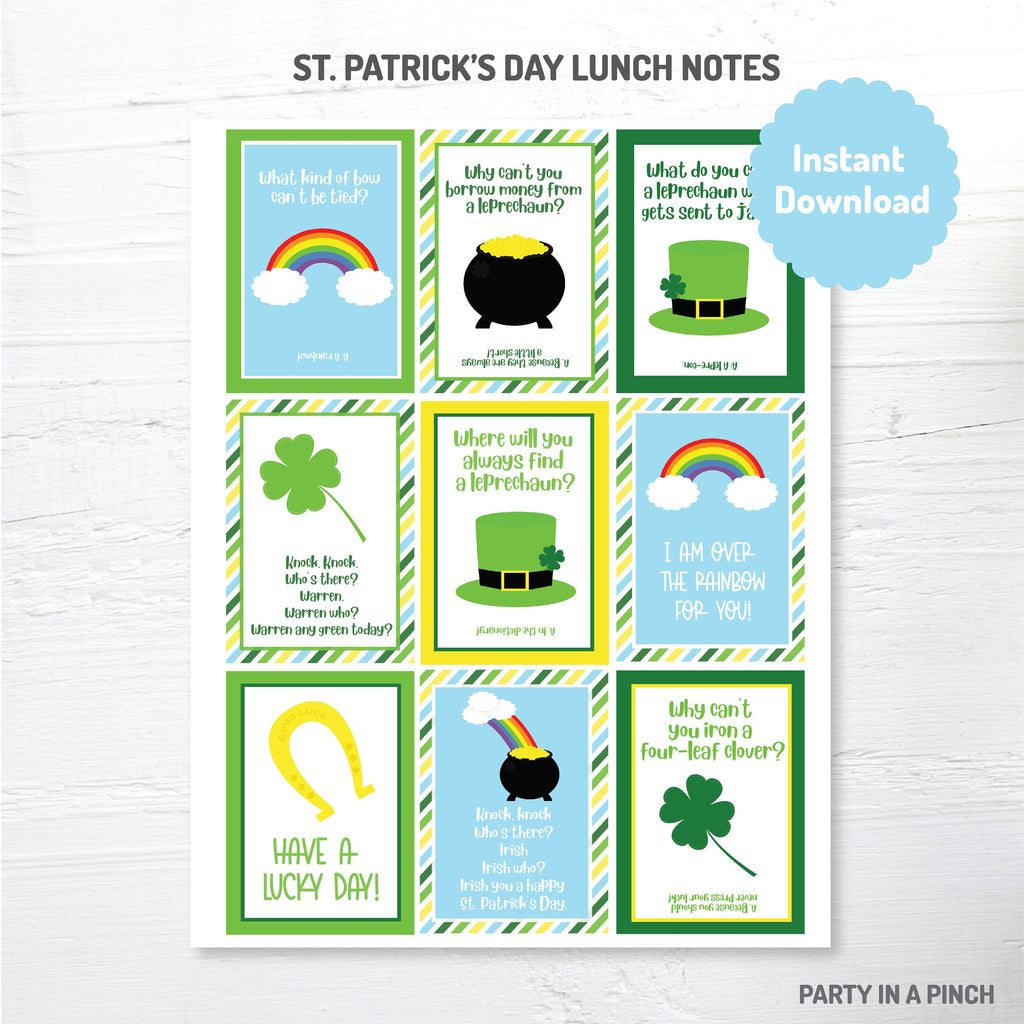 Lunchbox Notes, Lunchbox Jokes, St. Patrick's Day Lunchbox Notes, St. Patrick Lunch Cards, School Lunch Notes, Printable, Instant Download