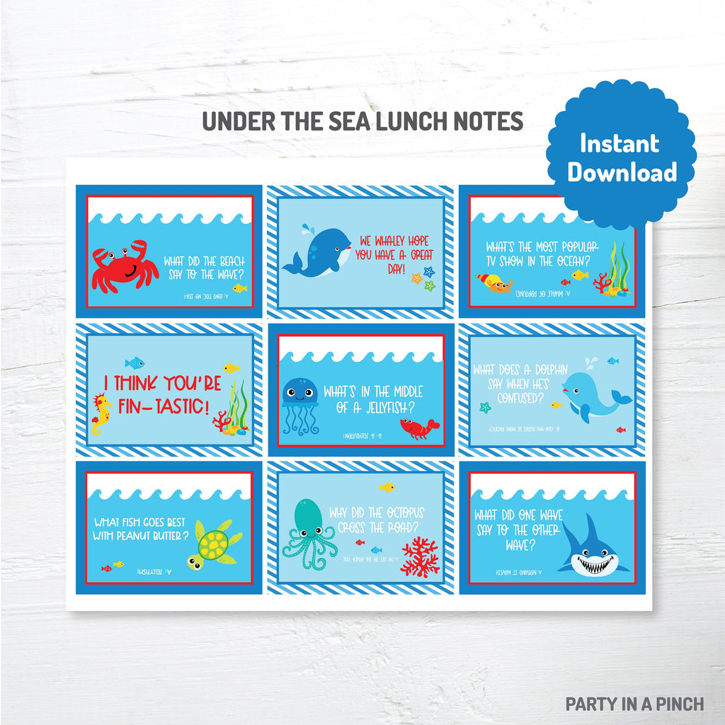 Lunchbox Notes, Lunchbox Jokes, Under The Sea Lunchbox Notes, Ocean Lunch Cards, School Lunch Notes, Printable, Instant Download,
