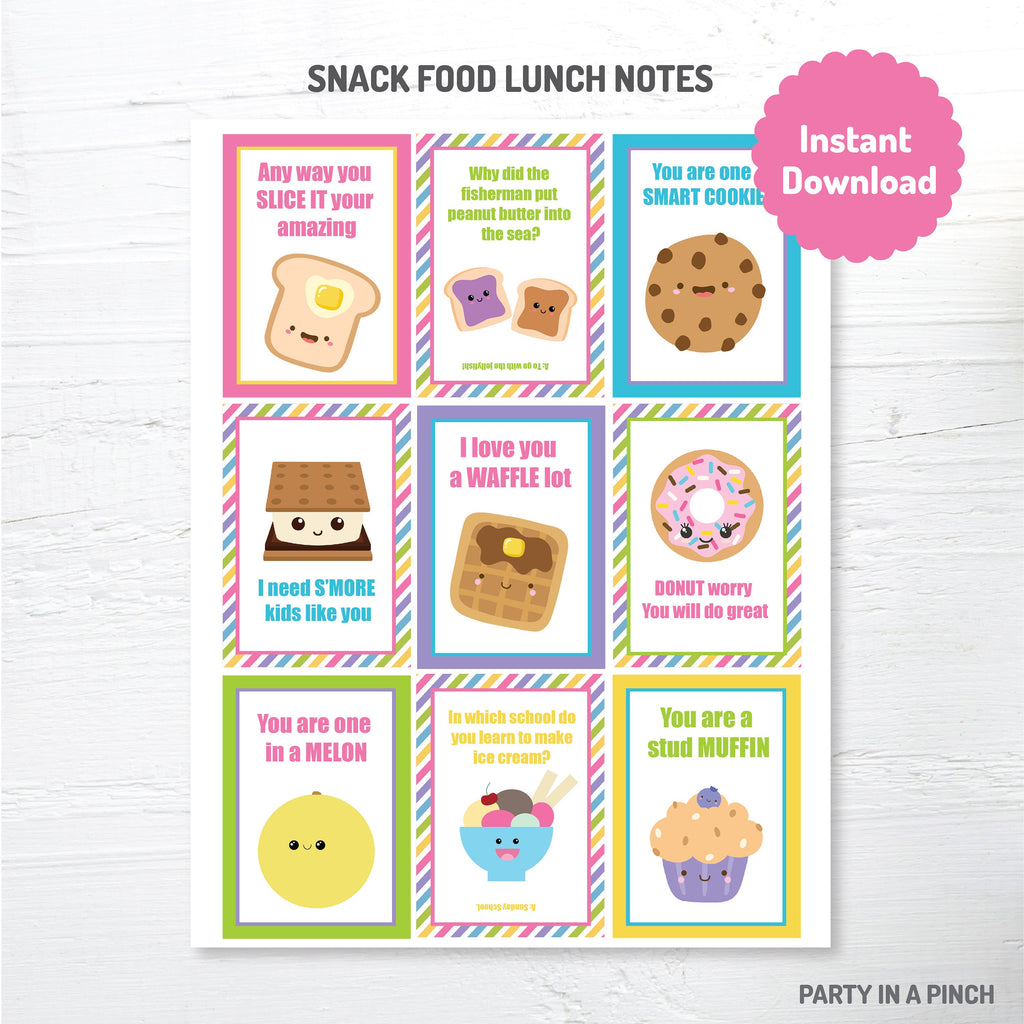 Lunchbox Notes, Lunchbox Jokes, Snack Food Lunchbox Notes, Snack Food Lunch Cards, School Lunch Notes, Printable, Instant Download,