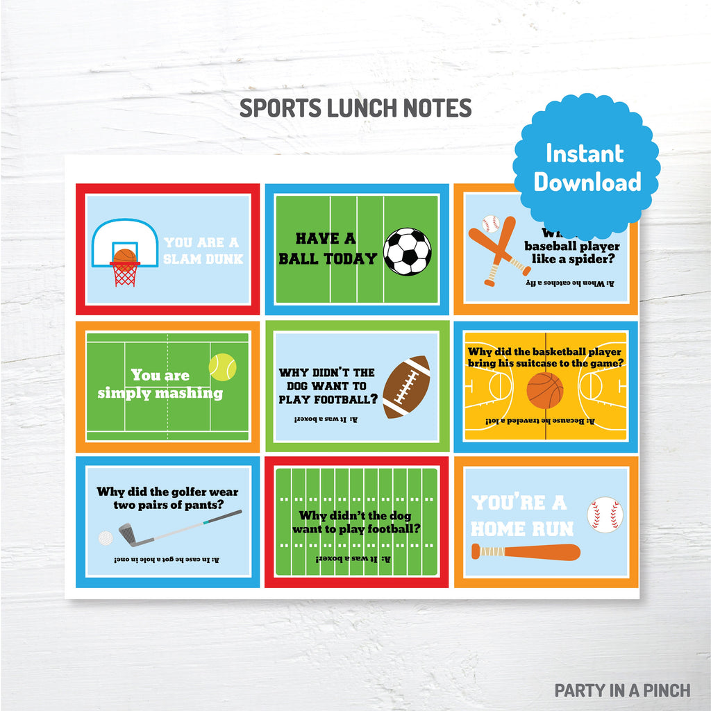 Lunchbox Notes, Lunchbox Jokes, Sports Lunchbox Notes, Sports Lunch Cards, School Lunch Notes, Printable, Instant Download, Sports