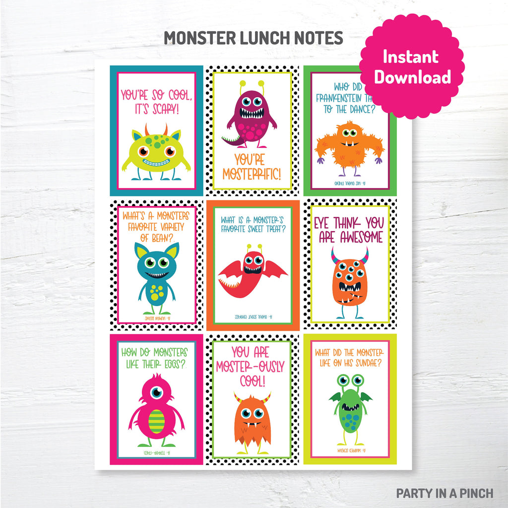 Lunchbox Notes, Lunchbox Jokes, Monster Lunchbox Notes, Monster Lunch Cards, School Lunch Notes, Printable, Instant Download, Monster
